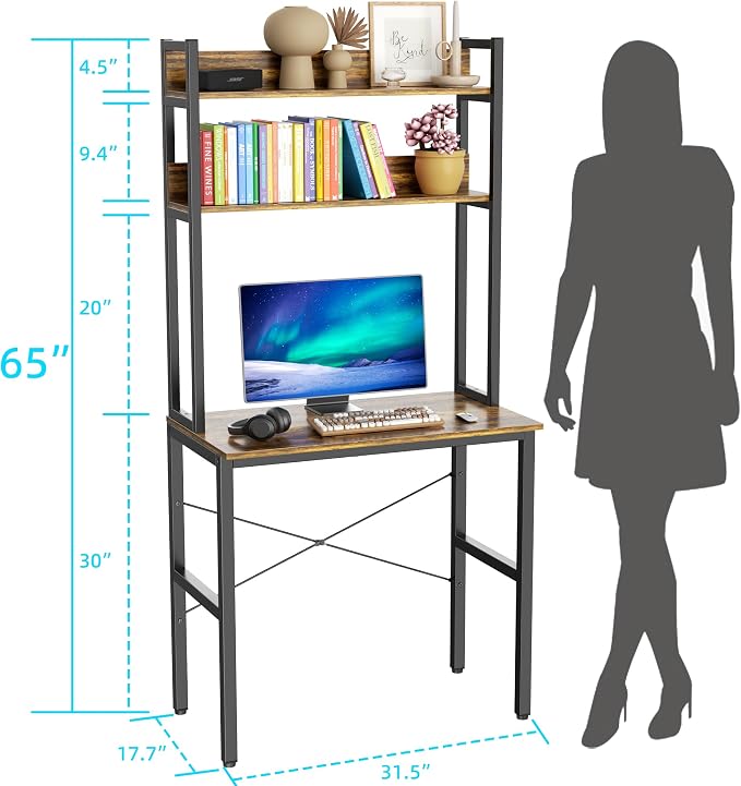 Aquzee 31 Inch Desk Hutch, Teen Desk with Shelves, Study Desks with Storage, Computer Desks for Small Spaces, Kids, Student, Space Saving, Easy Assemble, Rustic Brown - Image 3