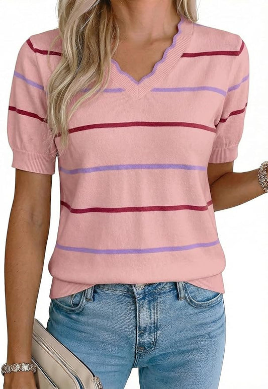 Dokotoo Womens Summer Short Sleeve Knit Tops 2026 Spring Trendy Casual V Neck Striped Sweater Blouses by Dokotoo