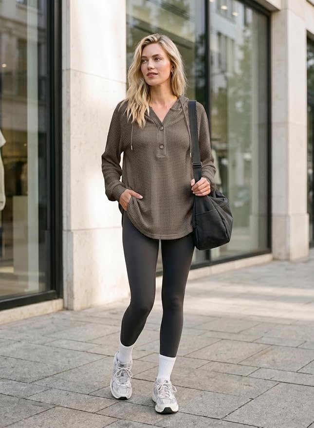 Dokotoo Hoodies for Women Waffle Knit Long Sleeve Drawstring Button V Neck Casual Sweatshirt Hooded Tops Fashion Clothing - Image 4