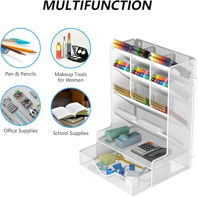 BOHDK Pen Organizer for Desk, Multi-Functional Desk Organizer, Wall Mount Pen Holder with Drawer for School, Office, Home, Art Supplies, White - Image 6