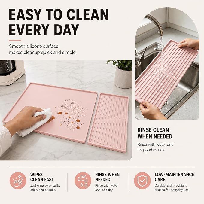 Silicone Coffee Mat 24 x 16 in with Tray, Soft Light Pink | Coffee bar mat for countertop use, coffee station mat or coffee machine mat with removable tray and 0.47 in raised rim. - Image 8