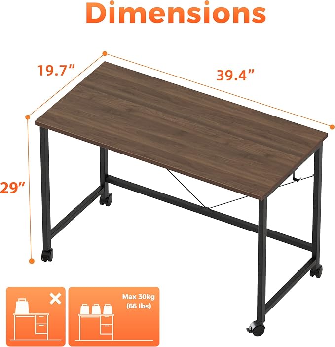 Mericonia 39x20 Inch Computer Desk with Wheels, Small Simple Rolling Desk | Writing Table for Home Office Bedroom Work Study, Walnut - Image 2
