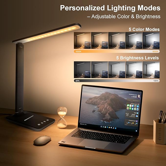 shinelife LED Desk Lamp for Office Home, Bright Desk Light with USB Charging Port, Adjustable Dimmable Desk Lamps 5 Modes 5 Brightness, Touch Study Lamp for Nail, Craft, Puzzle, Sewing, Study, Black - Image 3