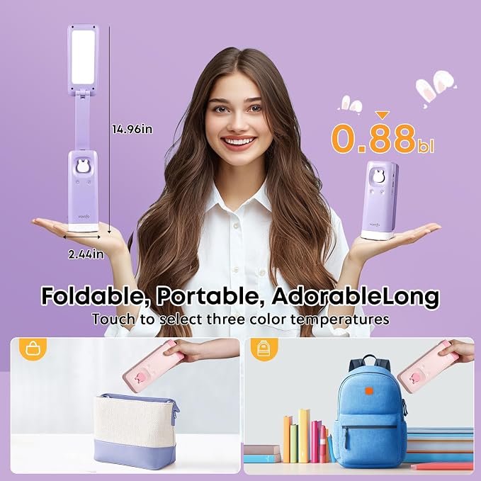 VAVOFO Cute Bunny Desk Lamp, Foldable LED Rechargeable Table Light, Eye-Caring Reading Lamp, 3 Color Modes & Dimmable, for Kids Girls Bedroom Study Dorm Room（Purple） - Image 3