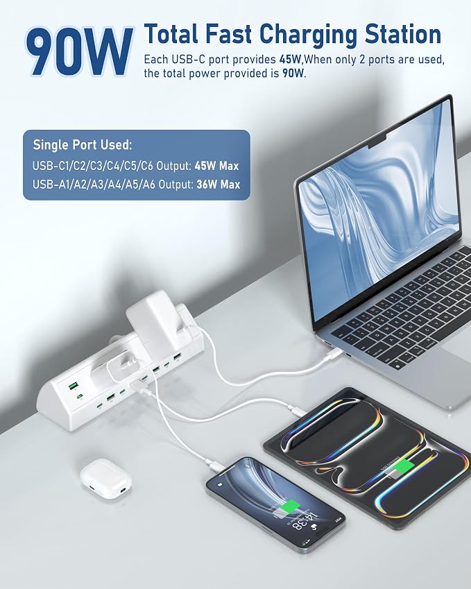 Jgstkcity 90W Desk Clamp Power Strip,12 USB Ports (6 PD 45W USB-C),Surge Protector,ETL Listed Power Hub Extension Cord,Fast Charging Station for Home Office Desk Edge Mount (White, 12 USB-90W) - Image 3