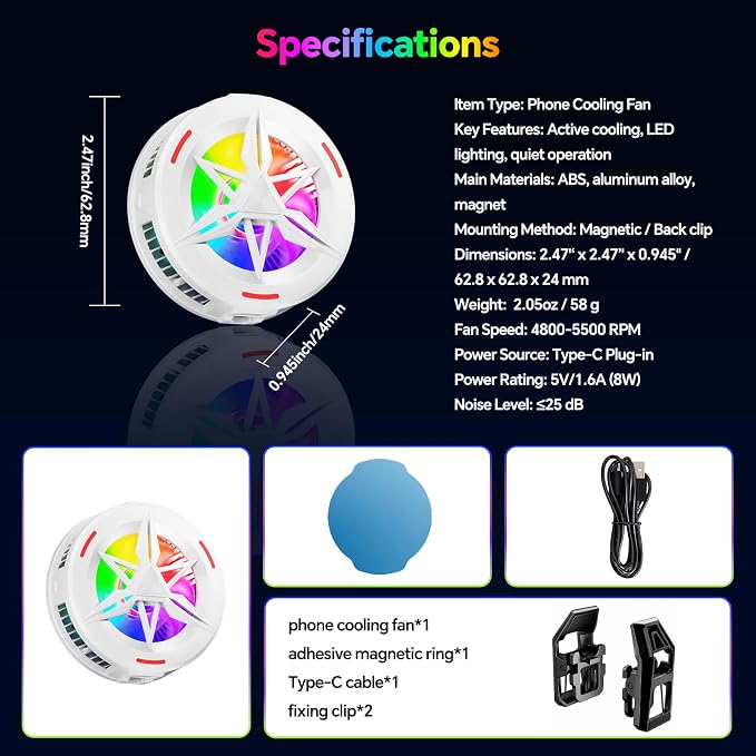 Basics RGB Magnetic Phone Cooler, Low Noise USB Gaming Cooling Fan, Magnetic Ring & Clip Compatible with iPhone/Andriod Phone - Image 7