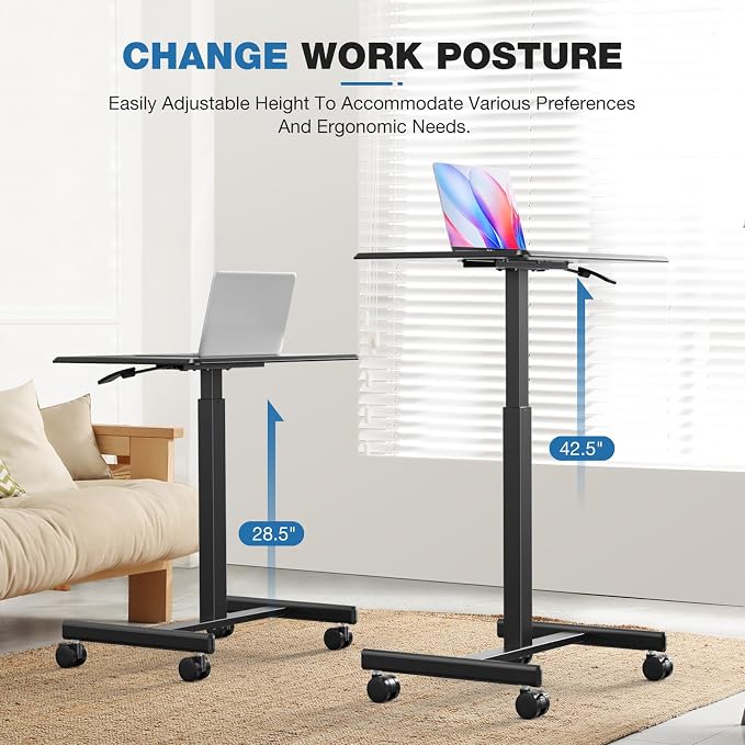 DUMOS Mobile Rolling Desk with Wheels Adjustable Height | Small Standing Desks Portable Laptop PC Table, Computer Workstation for Home Office Small Space, Black - Image 4