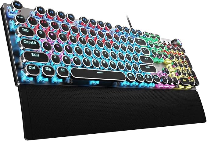 AULA F2088 Typewriter Style Mechanical Gaming Keyboard Wired,Blue Switches,Rainbow LED Backlit,Removable Wrist Rest,Media Control Knob,Retro Punk Round Keycaps,USB Wired Computer Keyboard by AULA
