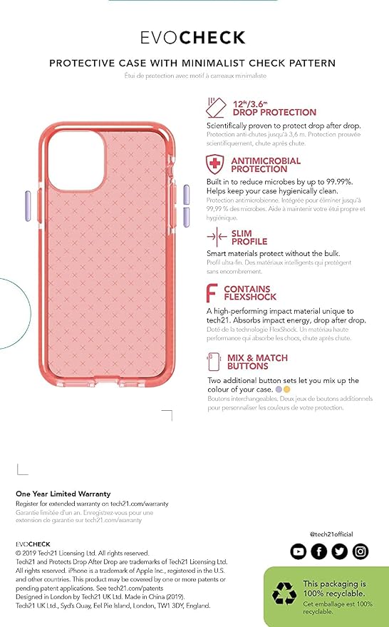 tech21 Evo Check Phone Case for Apple iPhone 11 with 12 ft. Drop Protection Coral - Image 14