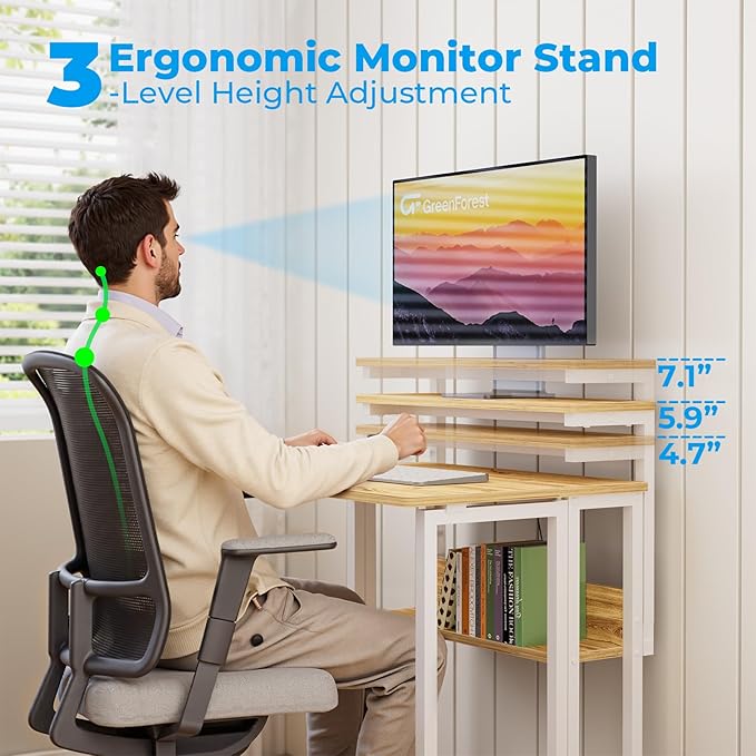 GreenForest Folding Desk with Adjustable Monitor Stand, 24.8 in Small Desk | Storage Shelf, Lockable Wheels, Portable, Space Saving, Mobile Rolling Table for Small Spaces, Home Office, Writing, Oak - Image 4