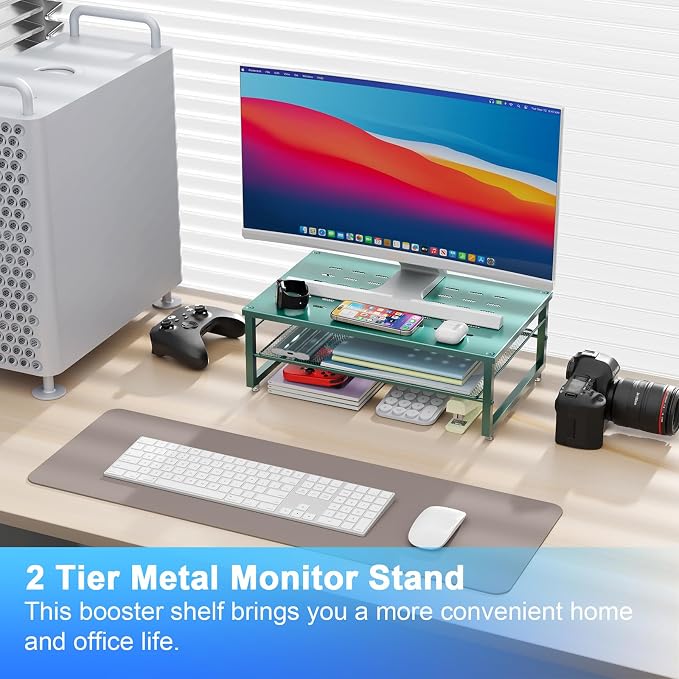 gianotter 2-Tier Metal Monitor Stand Riser, Desk Organizer for Monitor, Office Desk Storage Organizer for Office Supplies (Dark Green) - Image 2