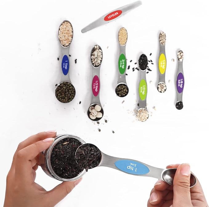 Multicolor Magnetic Measuring Spoons Set with Leveler | 7Pack, Stainless Steel, Stackable, Fits Spice Jars - For Baking Kitchen Gadgets Apartment Essentials Fits - Image 6
