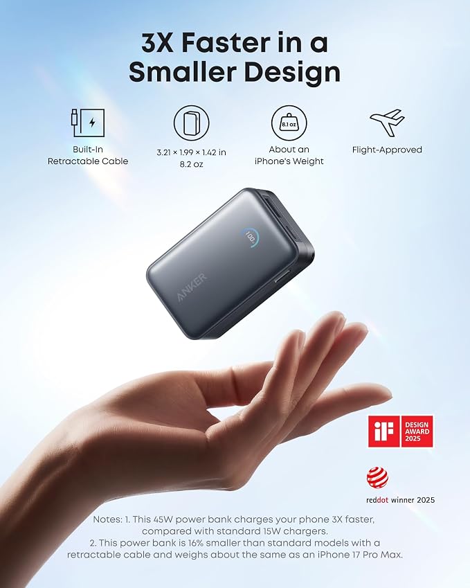 Anker Nano Power Bank, 45W 10,000mAh Portable Charger, iPhone Battery Pack | Built-In Retractable USB-C Cable, for iPhone 17 / 16 Series, iPad, Galaxy, Pixel, and More, Compact Travel Design - Image 4