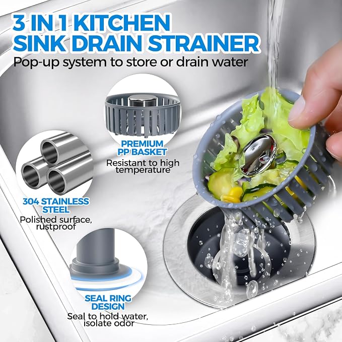 zaa 3 in 1 Kitchen Sink Drain Strainer Stopper Removable Basket Pop-Up | Kitchen Sink Accessories 2 Pack Silver Stainless - Food Catcher, Odor-Blocking Seal, Fits 3.5" Drain, Easy Clean - Image 2