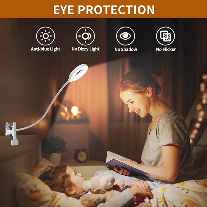 iZELL Book Light, Clip on Reading Light with Silicone Flexible Arm, Dimmable LED Lamparas Clamp on Workbench Desk for Studying Painting Crafting Drawing Makeup Nail Tech Puzzle Task - 27.6‘’ White - Image 4