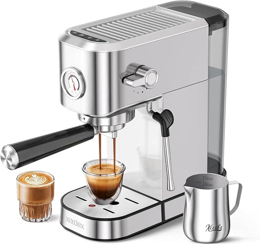 XIXUBX Espresso Machine with Milk Frother for Cappuccino & Latte for Home | 20-Bar Pump, Built-in Pressure Gauge, Powerful Steam Wand, Milk Frothing Pitcher, 42 oz Removable Water Tank, Stainless Steel by XIXUBX