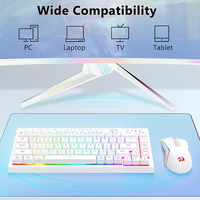 Redragon Wireless Gaming Keyboard and Mouse Combo, 60% Portable, White | Bluetooth/2.4G/USB-C Wired, RGB Backlit, Quiet Rechargeable Macro Membrane Keyboard & 12800 DPI Mouse for Win/MAC - Image 8