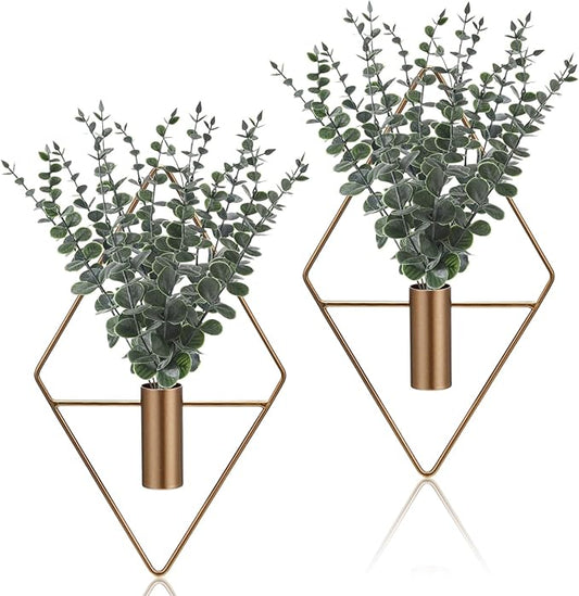 Jexine 4 Pcs Hanging Planters with Artificial Eucalyptus Metal Hanging Vase Indoor Plants Holder Modern Geometric Boho Bathroom Wall Decor for Living Room Home Office (Eucalyptus,Bronze) by Jexine
