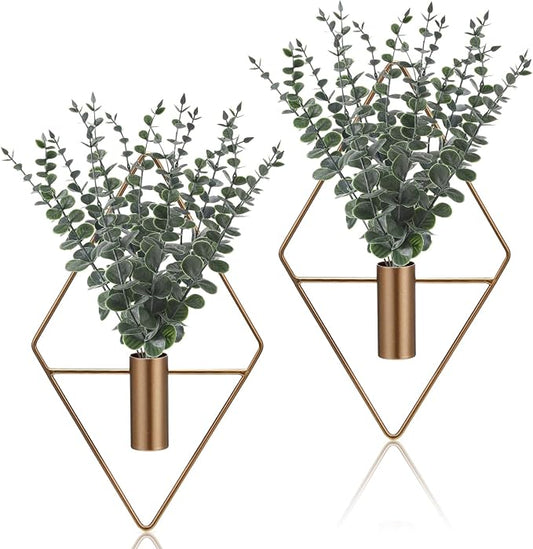 Jexine 8 Pcs Hanging Planters with Artificial Eucalyptus Metal Hanging Vase Indoor Plants Holder Modern Geometric Boho Bathroom Wall Decor for Living Room Home Office (Eucalyptus,Bronze) by Jexine