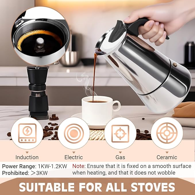 9 Cup Stainless Steel Moka Pot, 450ml Stovetop Espresso Maker, Silver - Image 5
