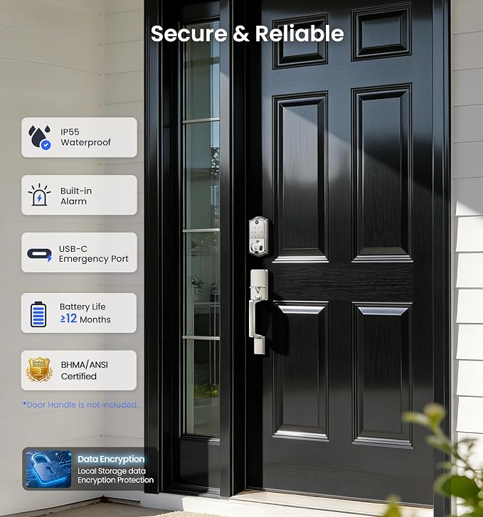 Veise VE017 Fingerprint Smart Door Lock, App Control, 8-in-1 Keyless Entry, Auto Lock, Emergency Power Port, Electronic Touchscreen Keypad, Biometric Smart Locks for Front Door, Satin Nickel - Image 5