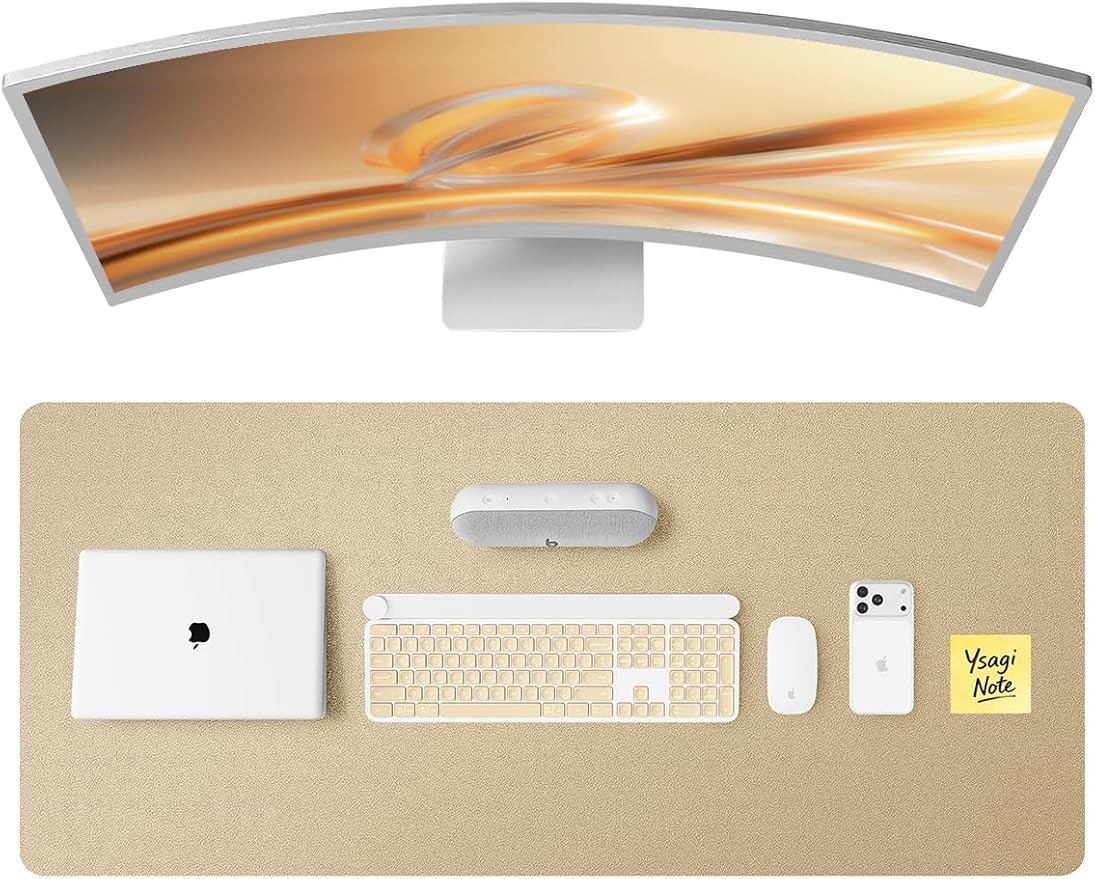 YSAGi Leather Desk Pad Protector, Office Desk Mat, Large Mouse Pad, Non-Slip PU Leather Desk Blotter, Laptop Desk Pad, Waterproof Desk Writing Pad for Office and Home (Gold,47" x 17") by YSAGi