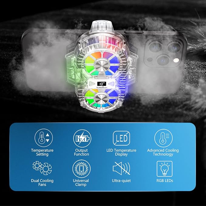 TRILINK Phone Cooler for Gaming with Dual Cooling Fans - Advanced Phone Cooling Technology - RGB LEDs - Ultra-Quiet - Output Function - LED Temperature Display for Android iPhone iOS Game Radiator - Image 2