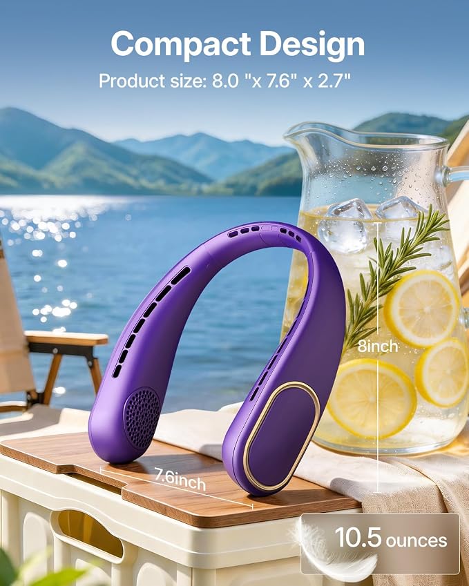 SHEWIND Portable Neck Fan - 5000mAh Rechargeable Hands-Free Wearable Fan | 4 Speeds, Bladeless & LED Display | Personal Cooling Fan for Travel, Outdoors, Camping - Purple - Image 5