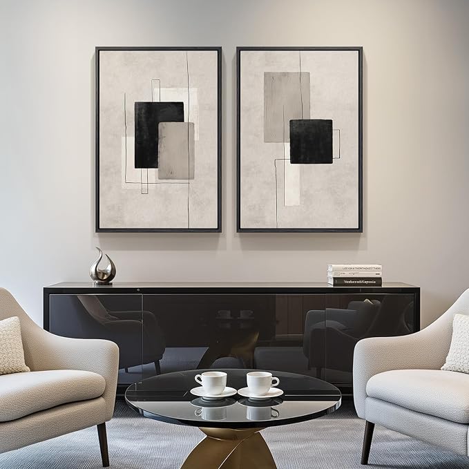 Large Framed Neutral Abstract Wall Art Set of 2, Black Beige Modern Canvas Prints Paintings Artwork for Walls, Minimalist Block Lines Pictures for Living Room Dining Room Bedroom Wall Decor 20x30 In - Image 2