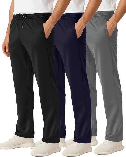 3 Pack Men's Mesh Open Bottom Sweatpants Active Athletic Workout Gym Pocket | Available in Big & Tall, Uncuffed, Elastic Waistband, Drawstring, Straight Leg, Running, Jogging, Exercise, Training, Sports by RealEssentials