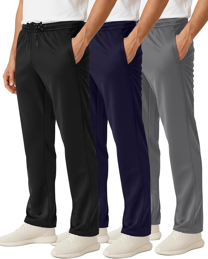 3 Pack Men's Mesh Open Bottom Sweatpants Active Athletic Workout Gym Pocket | Available in Big & Tall, Uncuffed, Elastic Waistband, Drawstring, Straight Leg, Running, Jogging, Exercise, Training, Sports by RealEssentials
