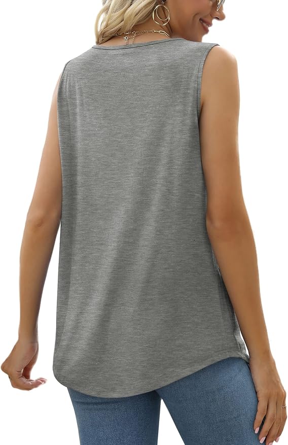 Saloogoe Summer Tank Tops for Women Loose Fit Pleated Square Neck Sleeveless Tops Curved Hem Flowy - Image 4
