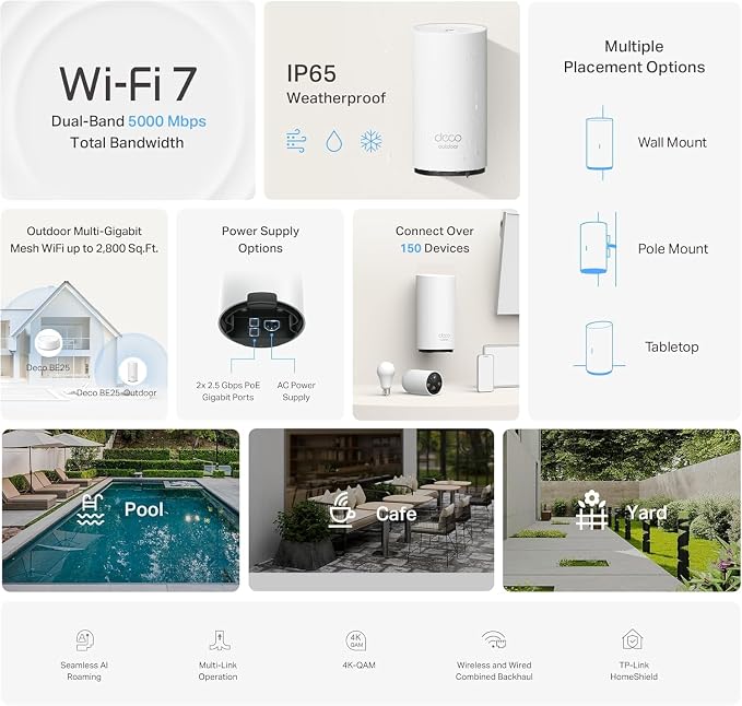 TP-Link Deco 7 Outdoor BE25 BE5000 Dual-Band Wi-Fi 7 Mesh Extender – Up to 2,800 sq. ft., Dual 2.5G PoE+ Ports, IP65 Waterproof, MLO, Multiple Mounting Options, Secure by Design, 1-Pack - Image 3