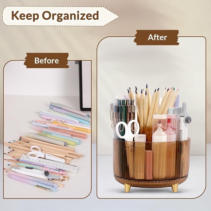 SKYDUE Rotating Pencil Pen Holder, Pen Organizer with 5 Slots - Aesthetic Desk Organizer and Accessories for School, Home, Office Supplies, Clear Tawny - Image 6