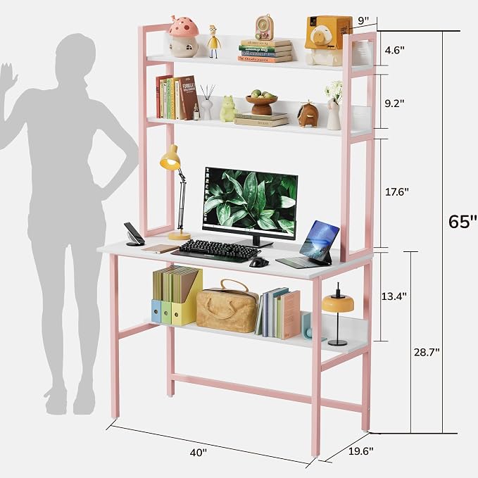 Aquzee Girls Desk with Hutch, 40“W x 19.6" D Computer Desk with Shelves, Tall Home Office Desk with Bookshelf, Metal Legs Study Table with Upper Storage Shelf for Study Writing/Workstation, Pink - Image 3