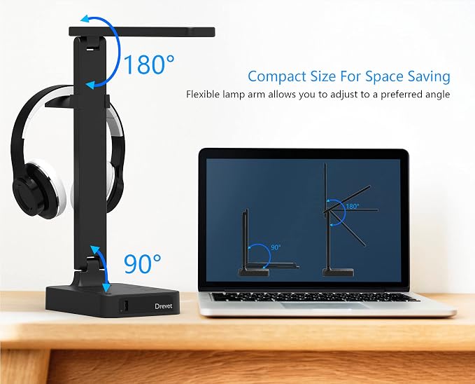 Drevet LED Desk Lamp with Headphone Stand, Desk Light with 1 USB Charging Port and 2 AC Power Outlet, 3 Lighting Modes, 3 Level Brightness,1H Timer, Memory Function, Eye-Caring Gaming Desk Lamp - Image 7
