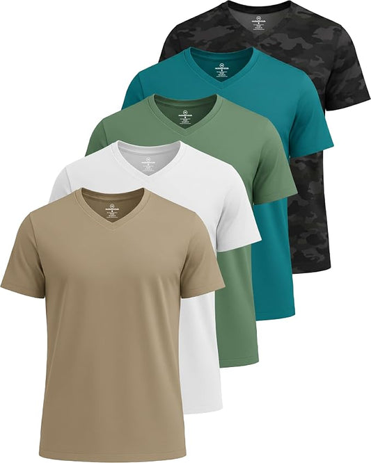 5 Pack Men's Dry Fit V Neck Gym Workout T Shirts Athletic Moisture Wicking | Cooling, Quick Dry, Breathable, Short Sleeve, Exercise, Cycling, Sports, Outdoor, Fitness, Golf, Crossfit, Hiking, Tennis by RealEssentials