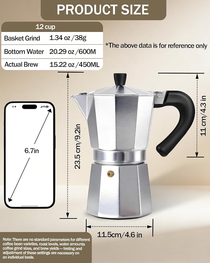 Coffee Maker Stovetop Espresso Maker 12 Cup Aluminum Moka Pot Percolator 20oz 600ml Easy Brewing for Electric Ceramic Stoves Home Camping Italian Cuban Café Classic Silver - Image 2