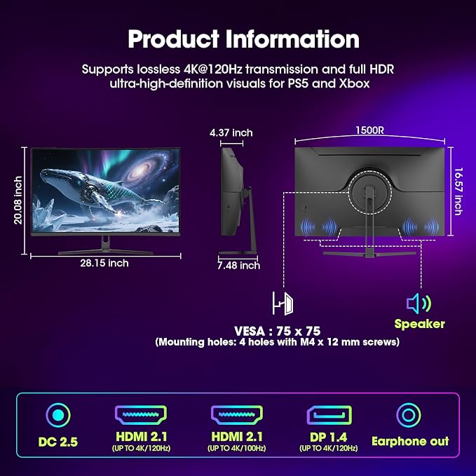 Amzfast 32" 4K 120Hz 1ms Curved Gaming Monitor, 3840x2160 UHD, PIP/PBP, Adaptive Sync, 130% sRGB, 3000:1 Contrast, HDR, 300nits, 1500R, HDMI2.1(VRR)& DP1.4, Built-in Speaker, Eyes Care, VESA Mount - Image 9
