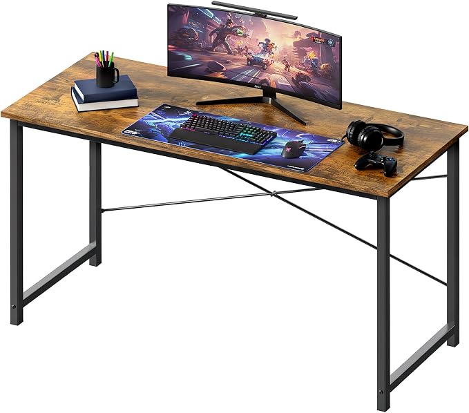 OLIXIS 55 Inch Computer Office Desk for Small Spaces, Writing Gaming Work Desk Modern Study Table with Storage Bag & Headphone Hook Home Bedroom, Rustic Brown | Gaming Work Writing Workstation, Home Office, Bedroom, Sturdy Design, Rustic Brown by OLIXIS