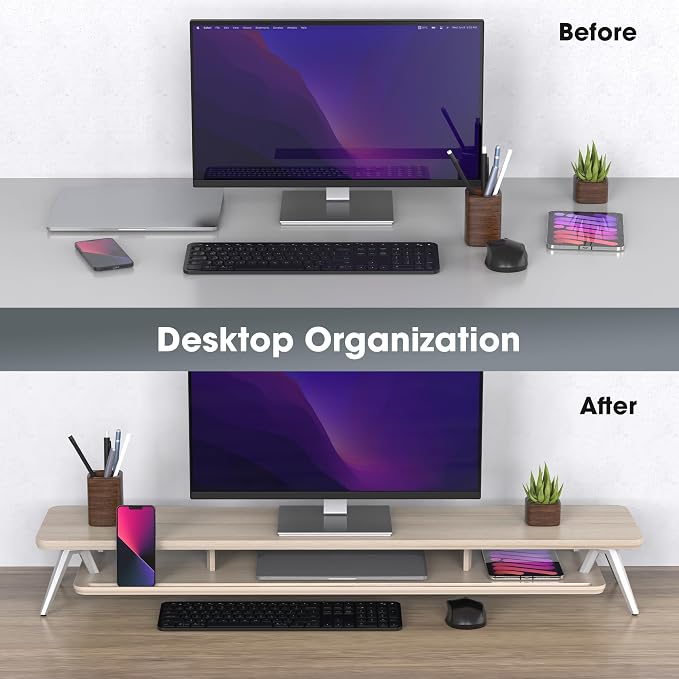Fenge Dual Monitor Stand, Monitor Stands Riser for 2 monitors, 42.5 Inch Wood Desk Shelf with Storage Organizer and Cable Management for Office Desk Accessories - Image 8