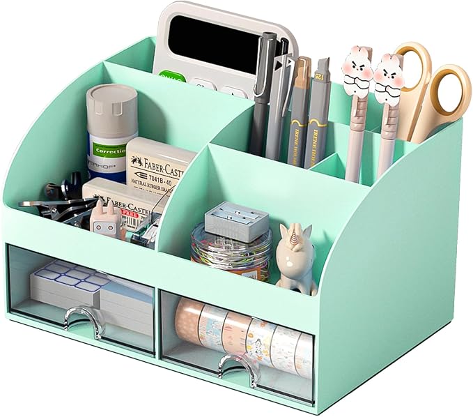 COMFYROOM Desk Organizer with 6 Compartments and 2 Drawers, Plastic Makeup Organizer, Pen Holder for Desktop Storage, Desk Organization for School, Home, Office Supplies (Mint Green) by COMFYROOM