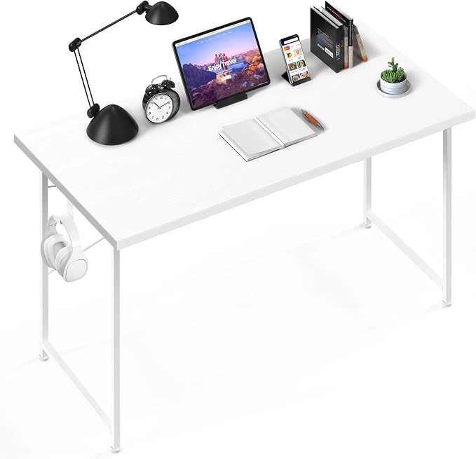 Small Space Writing Desk with Headphone Hooks, Modern Simple Design, Suitable for Study, Home Office and Living Room by YSSOA