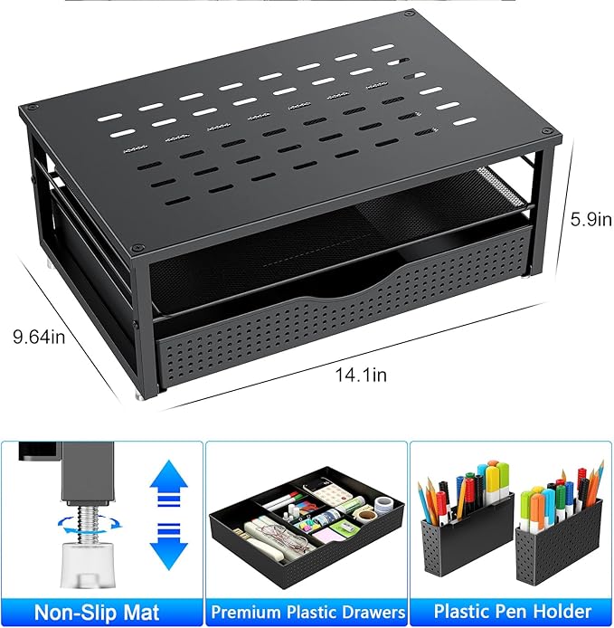 gianotter Desk Organizers and Accessories, Monitor Stand with Drawer and 2 Pen Holder, Desktop Organizer Suitable for Offices and Dormitories (Black) - Image 6