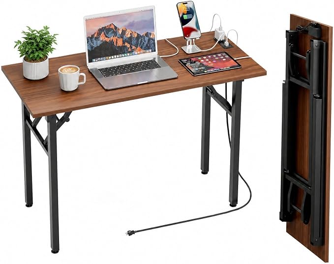 Folding Table Computer Desk - 43.3" No Assembly Folding Desk with Power Outlets & USB Charging Port, Small Desk, Foldable Office Desk, Compact Storage Portable Use for Small Space, Dark Walnut by HMFOR