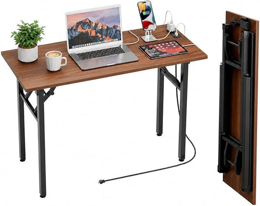 Folding Table Computer Desk - 43.3" No Assembly Folding Desk with Power Outlets & USB Charging Port, Small Desk, Foldable Office Desk, Compact Storage Portable Use for Small Space, Dark Walnut by HMFOR