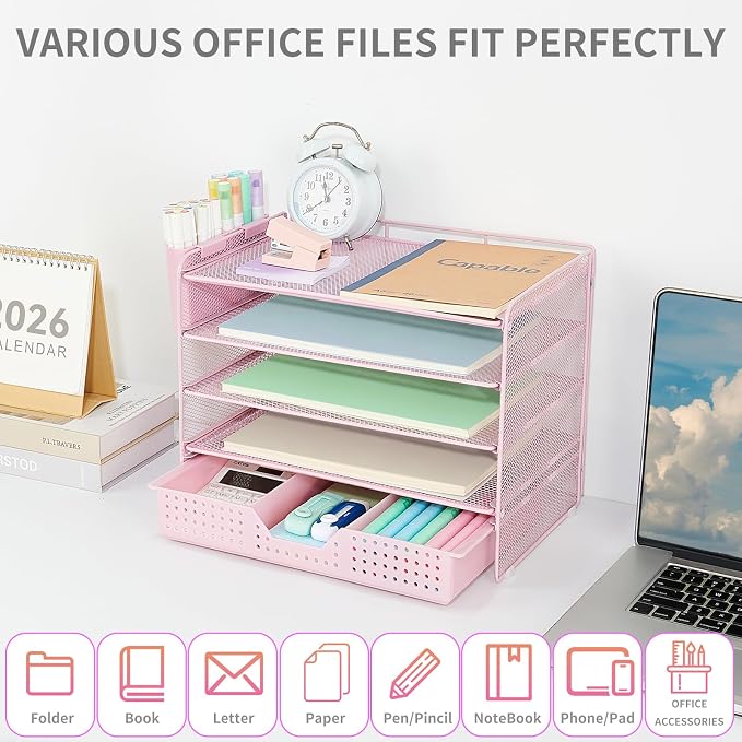 LEKETREE Desk Organizers and Accessories, 5-Tier Paper Letter Tray Organizer with Drawer & 2 Pen Holders, Desktop Organizer for Office Supplies (Pink) - Image 4