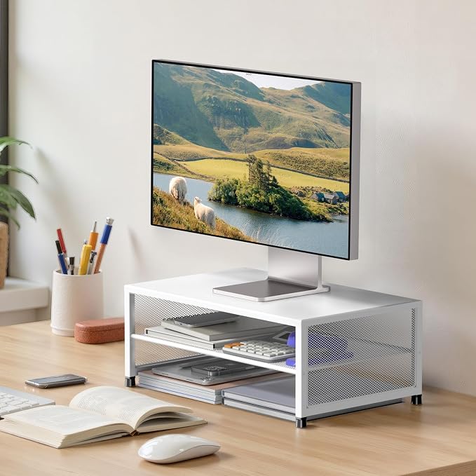 ECOLOVI 2-Tier Computer Monitor Stand Riser, Desk Organizer for Monitor, Printer & Laptop Stand, Desktop Workspace Organizers for Office Supplies(White) - Image 8
