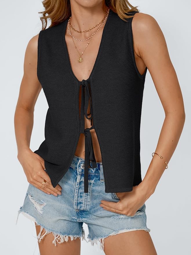 LILLUSORY Womens Tie Front Tops Vacation Sweater Vest | Bohemian Style, Beach Resort Wear, Concert Western Outfits, Crochet Tops, Vacation Outfits, Cute Y2k Sleeveless 2026 - Image 2