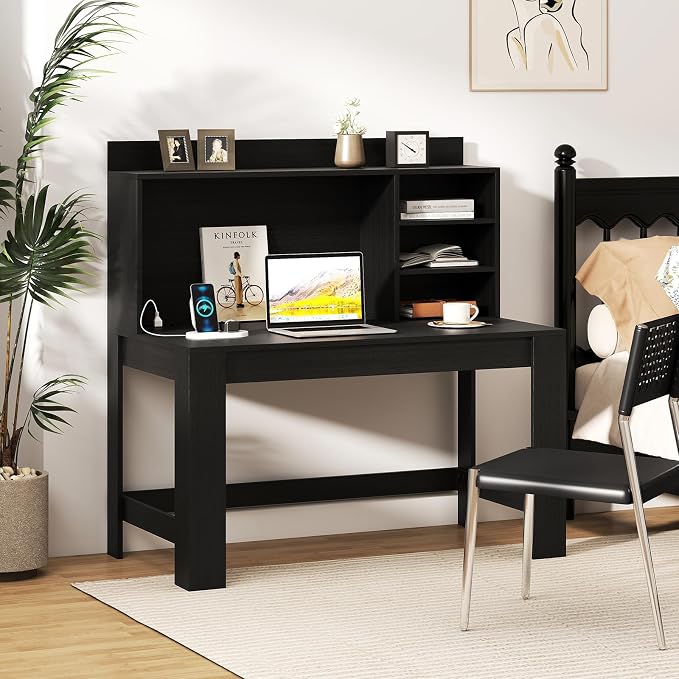 Giantex Computer Desk with Hutch, Modern Home Office Desk with Power Outlets, Storage Shelves & Cable Hole, Makeup Vanity Table, Study Writing Desk for Bedroom Office Small Space (Black) - Image 8